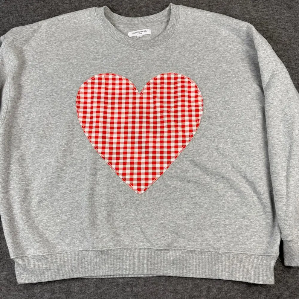 Grayson Threads Womens Gingham Heart Sweater Grey Pullover XL Valentine Holiday - Picture 2 of 11